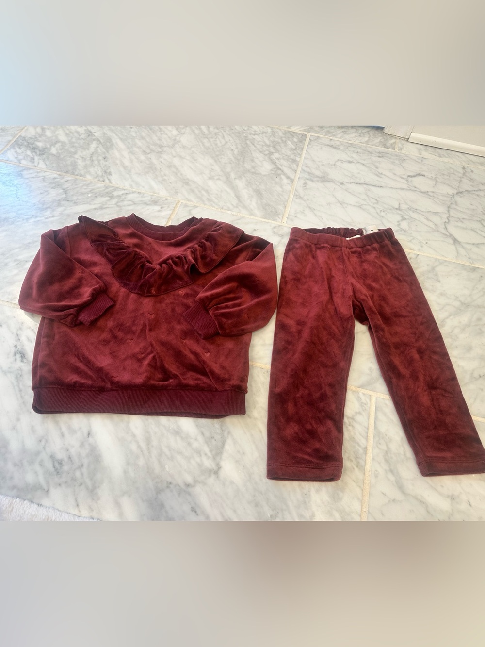 H&M Velour Ruffle Top and Pants Set - Burgundy